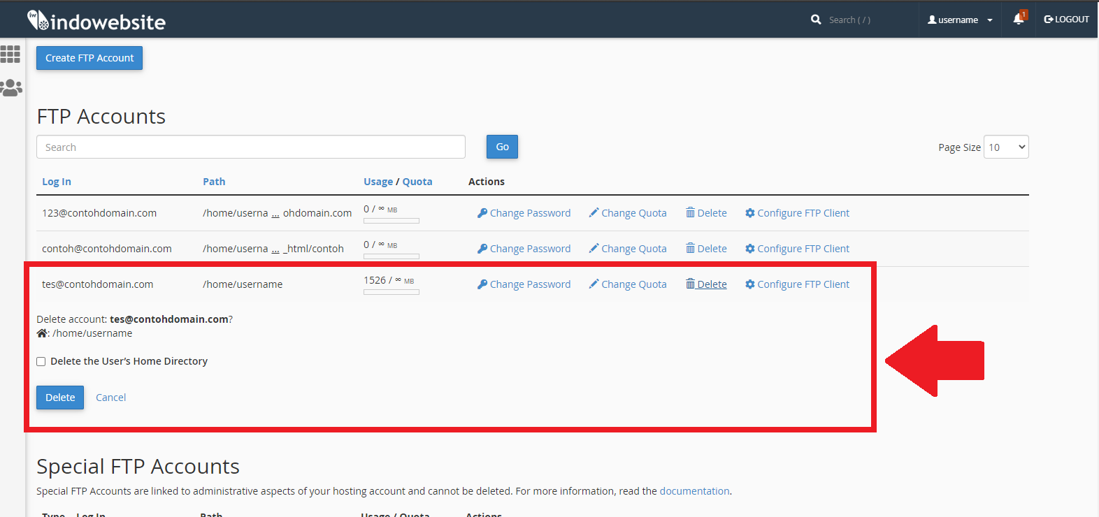 Tampilan Hapus Akun FTP