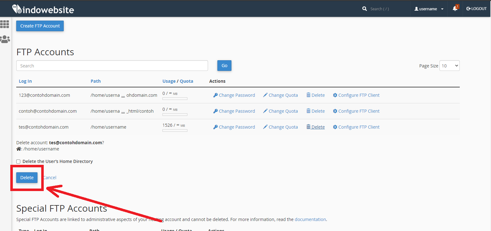 Tombol Hapus Akun FTP